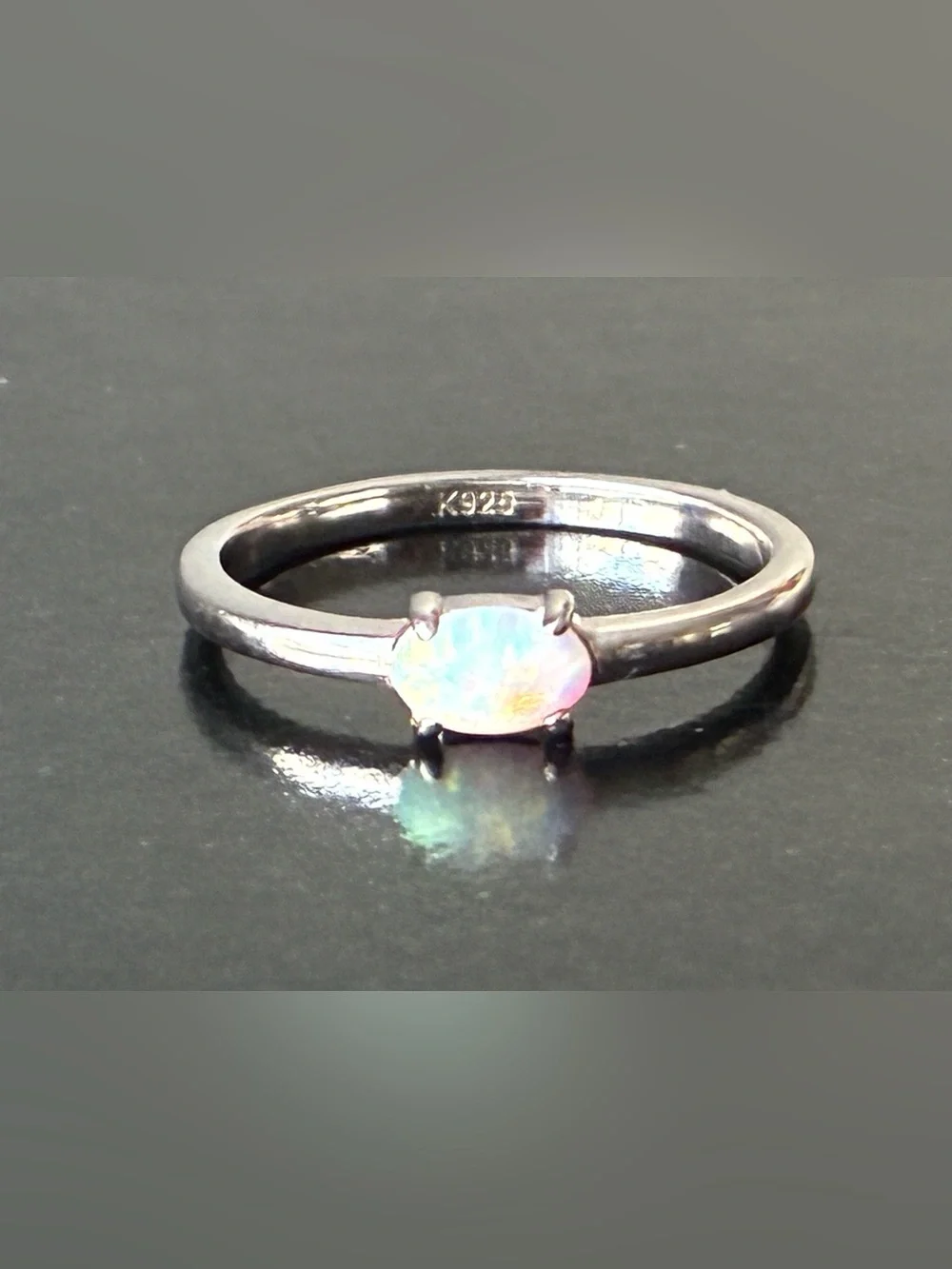 Sterling Silver Opal Solitaire Ring - White Opal Sz 7
